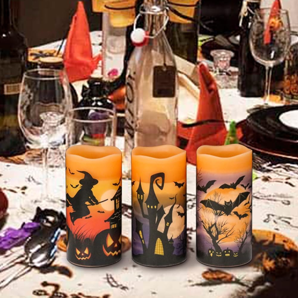 Wondise Halloween Flameless Flickering Candles with 6hrs Timer, Battery Operated Candles with Halloween Decals Real Wax LED Pillar Candles for Halloween Home Table Decor (3 x 6 Inches), Orange
