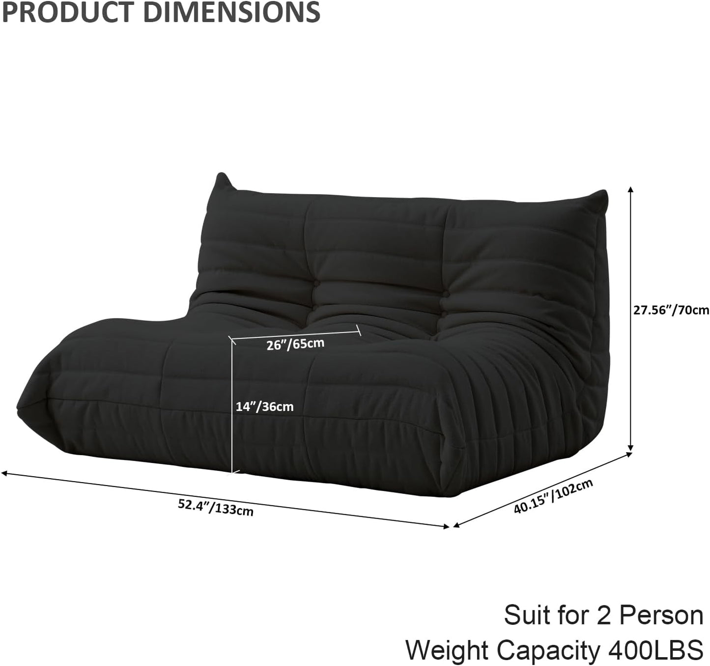 Luxury Sofa Couch Chair, Lazy Floor Seating, Fireside Bean Bag Chair, Ergonomic Tatami Sofa Lounger for Living Room, Bedroom, Office, Loveseat, Black