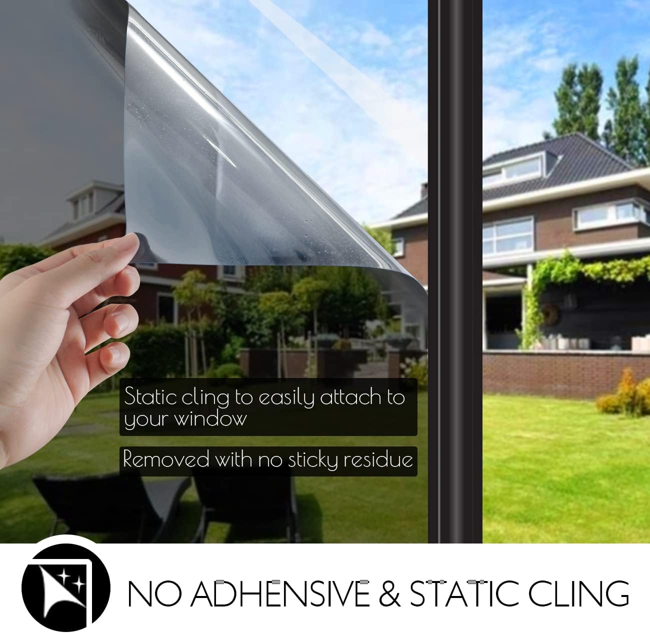 HIDBEA One Way Privacy Window Film, Daytime Mirror Reflective Heat Control UV Sun Blocking Non-Adhesive Static Cling Window Tint for Home and Office(Black-Silver, 17.5 Inch x 6.5 Feet)