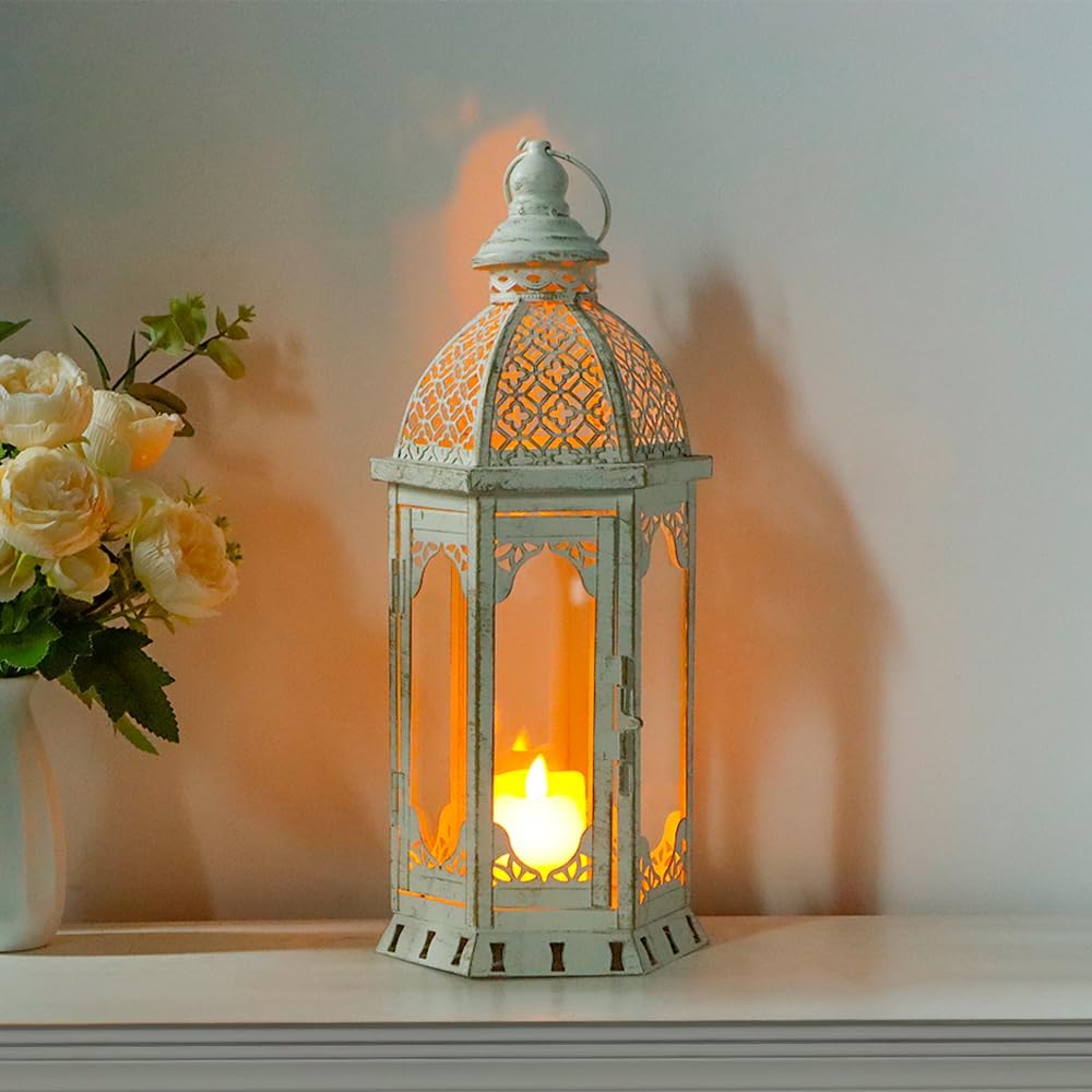 JHY DESIGN Decorative Candle Lantern 15''H Vintage Metal Candle Holder for Garden Living Room Indoor Outdoor Parties Weddings Patio(White with Gold Brush)
