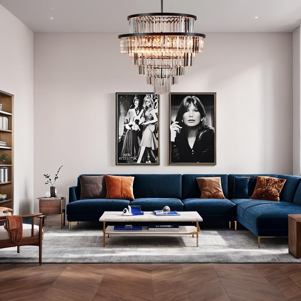 Luxury 6-Tier Round K9 Crystal Chandelier, Black Finish 26 Inch Diam Ceiling Light, Classic Elegant Chandelier with Crystal Piece, Lighting Fixture for Hallway, Bedroom, Living Room