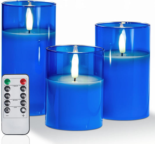 Amagic Blue Glass Flameless Candles with Remote, Battery Operated Candles, Real Wax LED Candles with Timer, Flickering Fake Pillar Candle for Theme Party, Hanukkah Holiday Decor, 3D Wick, Set of 3