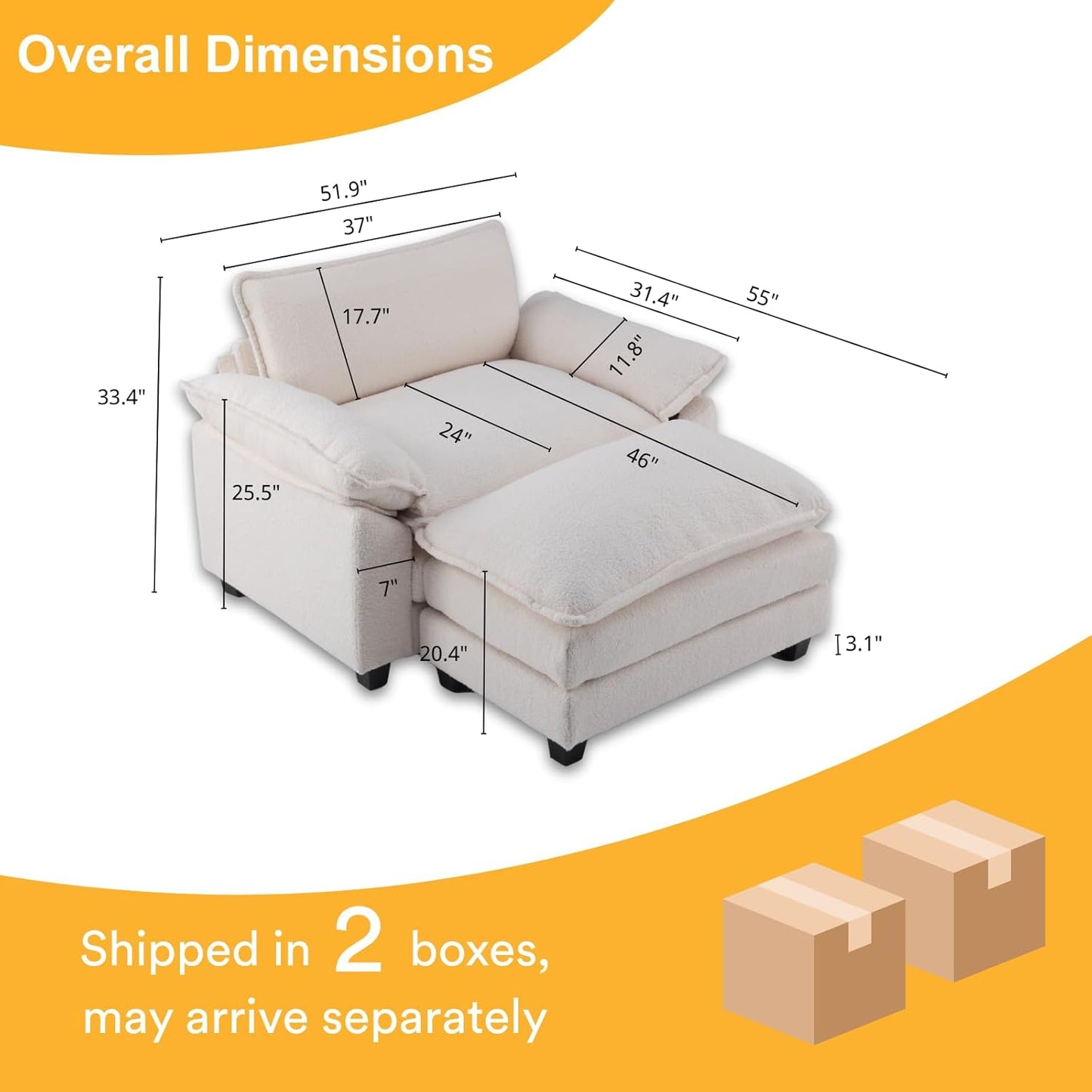 Karl home Oversized Accent Chair Teddy Fleece Sofa with Chaise, Modern Sofa Chair with Removable Ottoman Modular 1-Seater Couch and 2-Layer Ottoman for Living Room, Apartment, Studio, Beige
