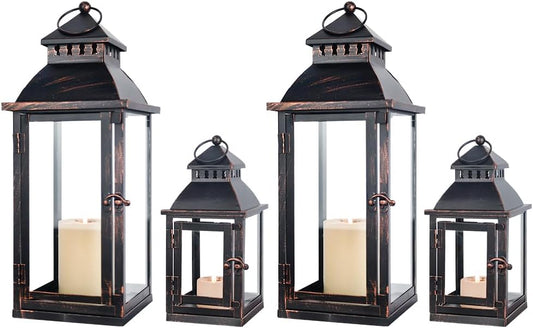 NEEDOMO Bronze Metal Lanterns Decorative Outdoor & Indoor, Set of 4 (17" & 10") with Glass, Candle Holder for Porch, Patio, Garden, Balcony, Wedding, Table Centerpiece Decorations