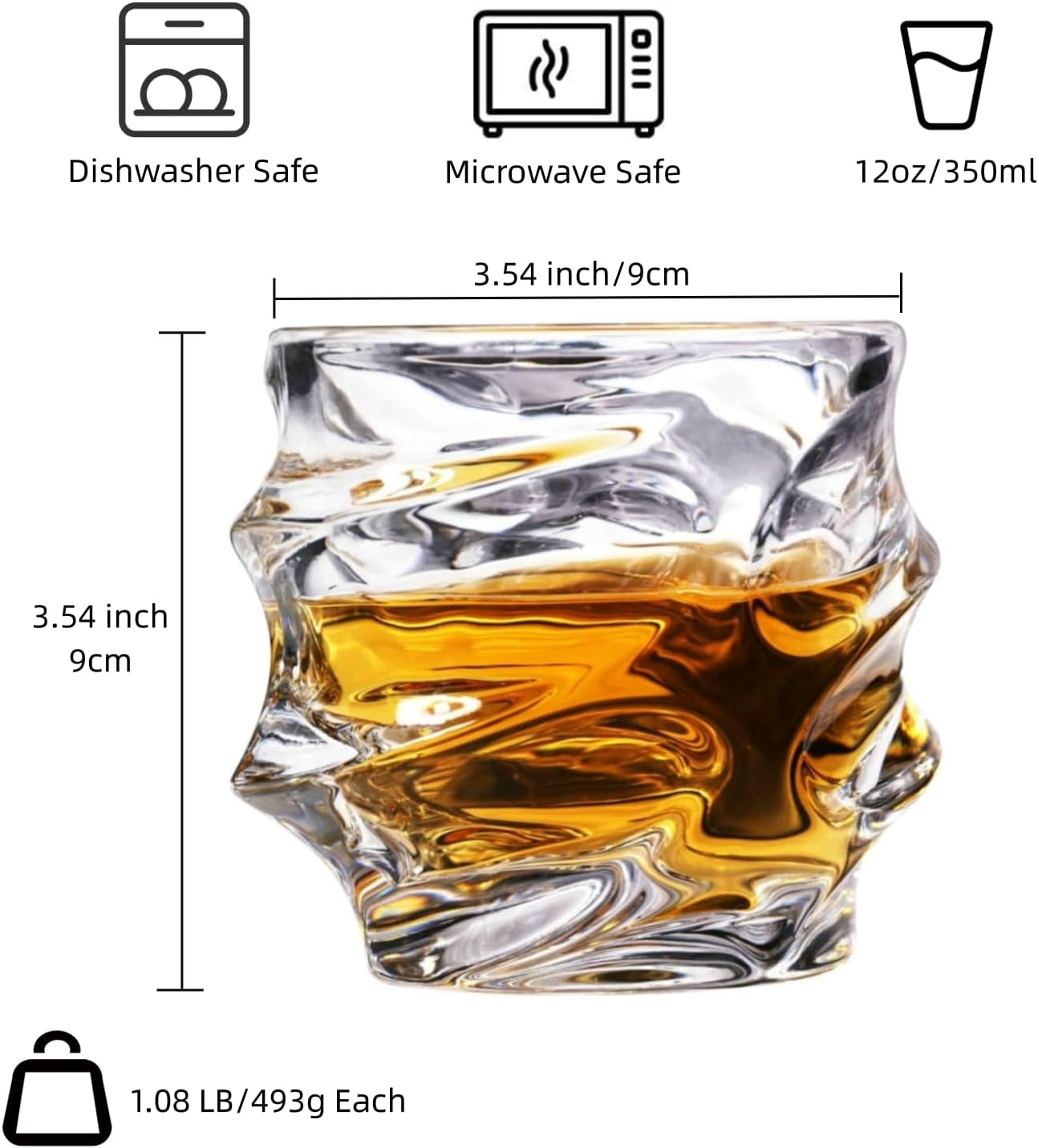 12 oz Hand Blown Crystal Whiskey Glasses Set of 4, Unique Cognac Glass, Heavy Thick Bottom Bar Glass for Scotch Bourbon Rum Gin Water Cocktail,Gifts Men Gifts Ideas