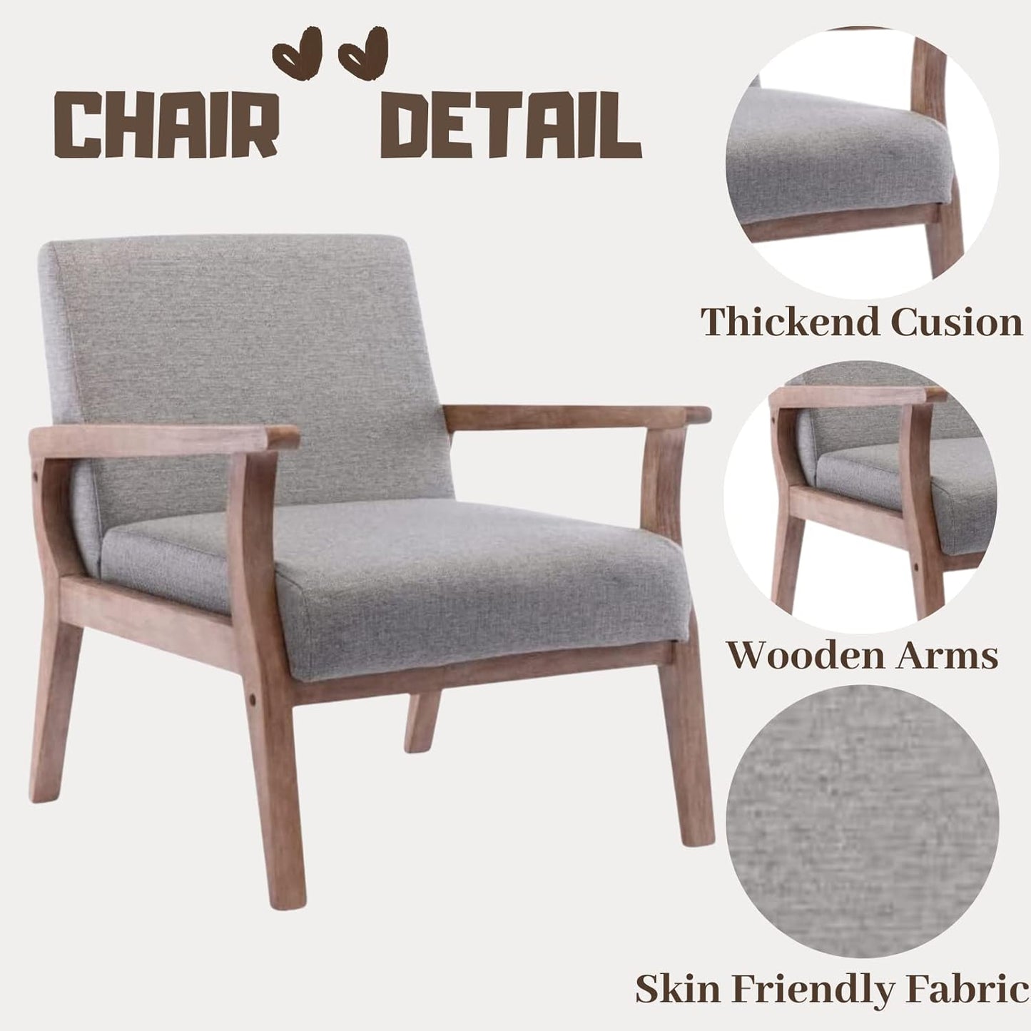 Upholstered Recliner Chair Mid Century Modern Accent Chair Comfy Fabric Armchair Indoor Corner Chair with Wood Frame for Bedroom Living Room Sitting, Grey