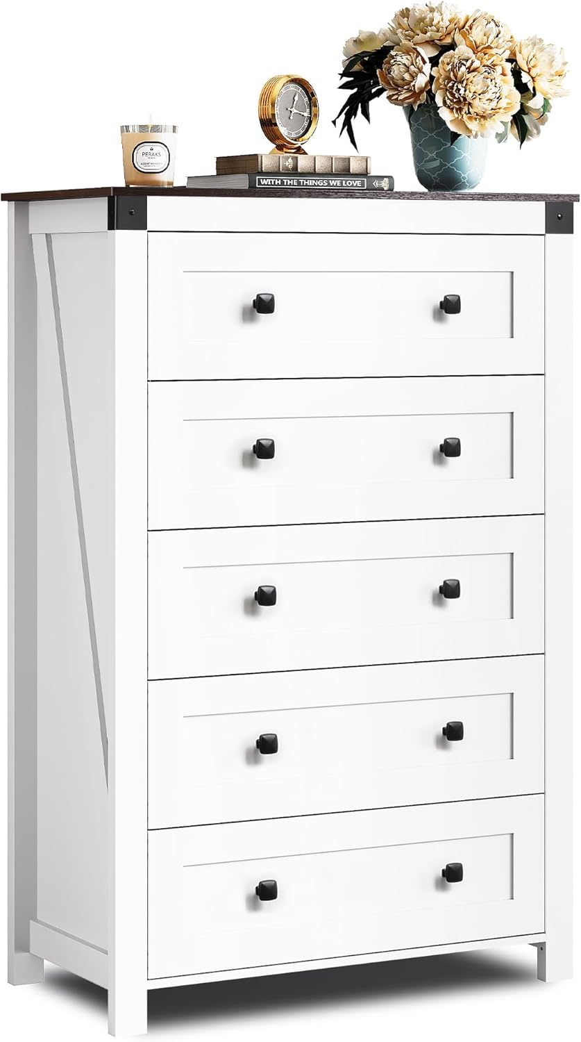 WLIVE Farmhouse White Dresser for Bedroom, 5 Drawer Dresser Storage Organizer, Tall Wood Dressers with Double Rustic Handle, Chest of Drawers for Living Room, Hallway, Closet