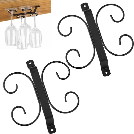 2 PCS Hanging Wine Glass Rack, Iron Wine Glass Drying Rack, Under Cabinet Wine Holder, Holds 4 Glasses, Black, Stylish Roll Design