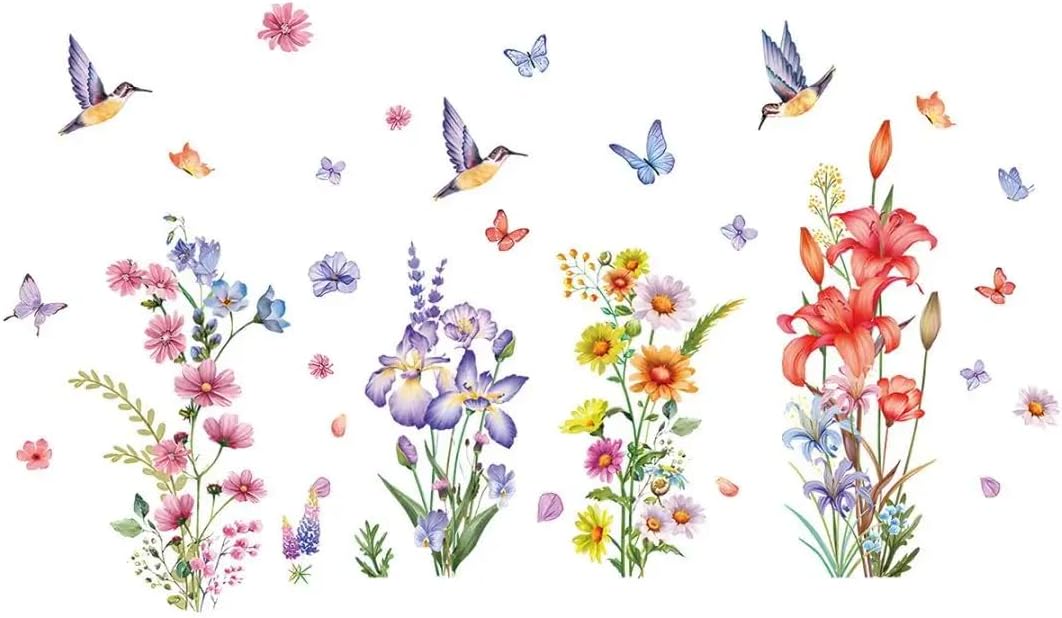 Set of 40 PCS Hello Spring Summer Window Cling Sticker Daisy, Sunflower, Birds, and Butterfly Window Stickers, Spring and Summer Decor, Home, Shop Window Glass Display Stickers (Floral with Birds)