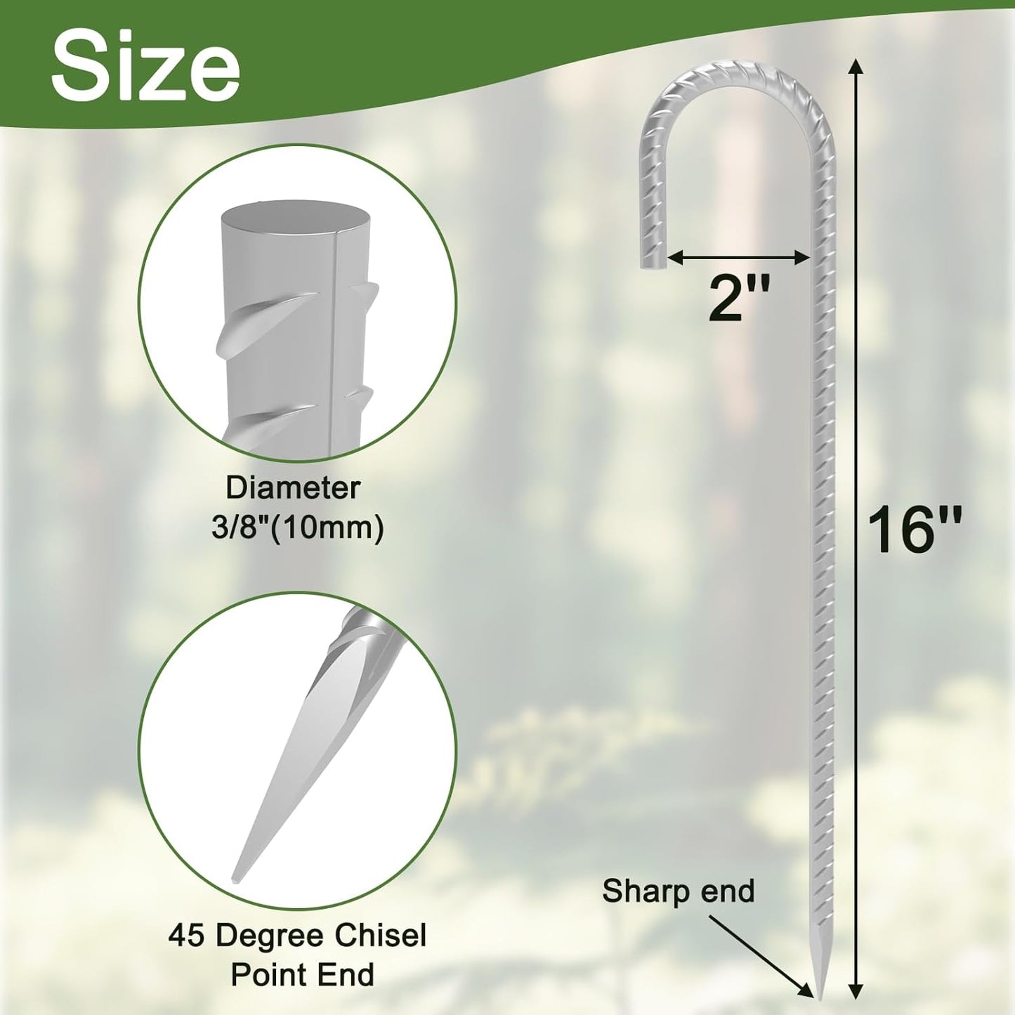 16 Inch 28 Pack Rebar Stakes, 3/8" Diameter J Hook Steel Ground Anchor Stakes, Heavy Duty Galvanized Tent Stakes, Metal Fence Stakes for Outdoor Decoration Yard Inflatables Gardening