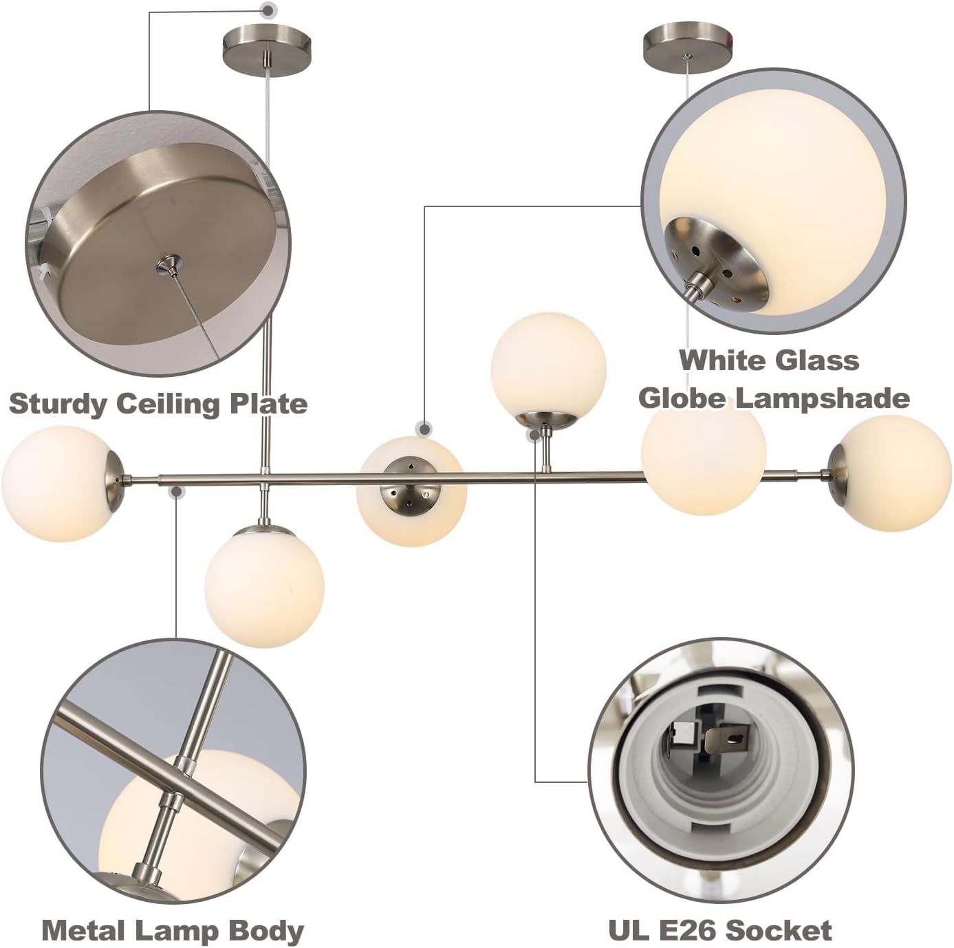 KCO Modern Silver Milk Glass Pendant Light 6 Light Pendant Light Fixture Chandelier Brushed Nickel Chandelier Modern Hanging Linear Light Fixture for Dining Room Kitchen Island