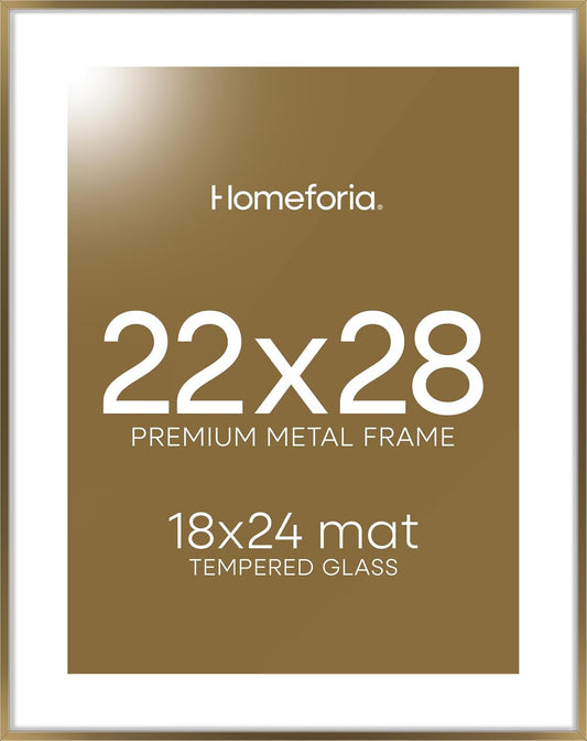 Homeforia 22x28 Picture Frame Bronze, High End Metal 22 x 28 Large Poster Frames with Mat 18 by 24 Photo, 22x28 Brass Frame Matted to 18x24 Print, 28x22 Thin Frames, Tempered Glass, Wall Kit, Set of 1