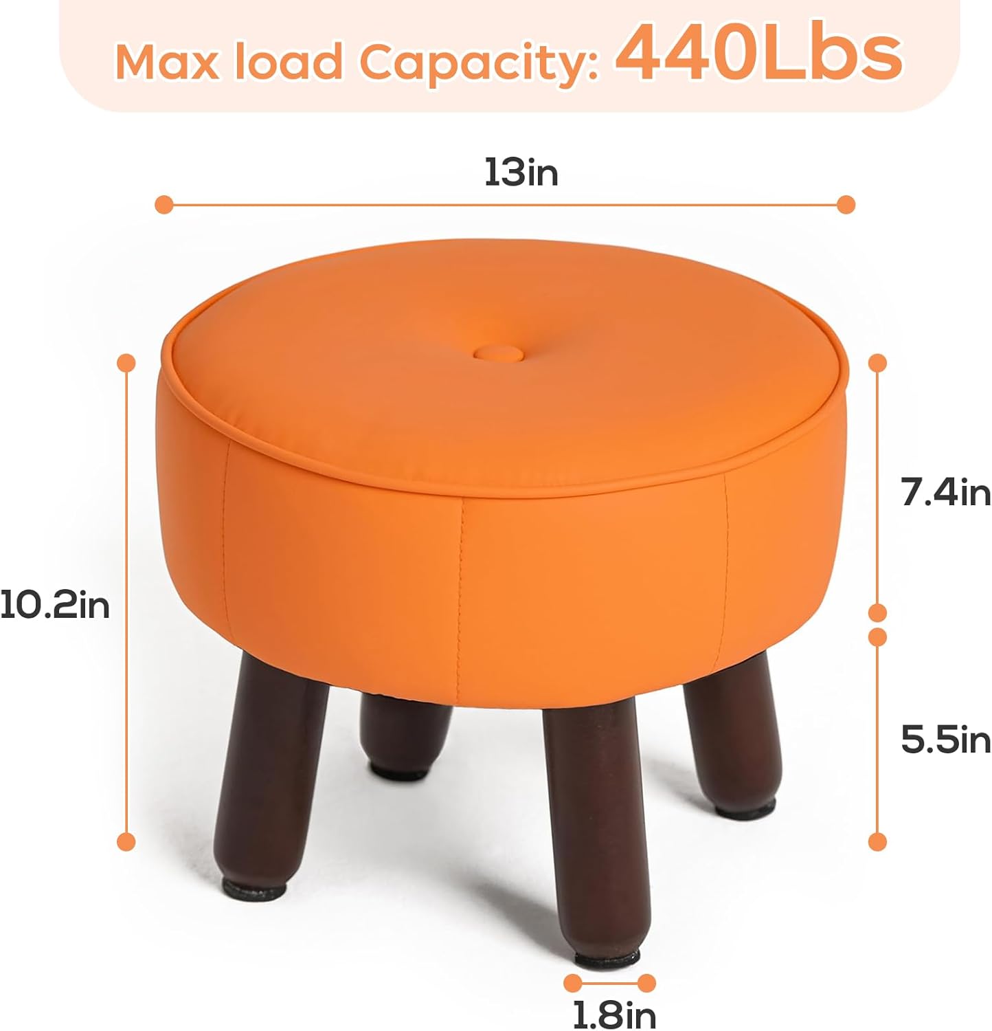 13in Small Foot Stool Ottoman, Round Faux Leather Foot Rest for Couch, Under Desk Pouf Footstool Footrest with Non-Skid Rubber Legs for Ling Room, Bedroom, 13''L x 13''W x 10.2''H, Orange