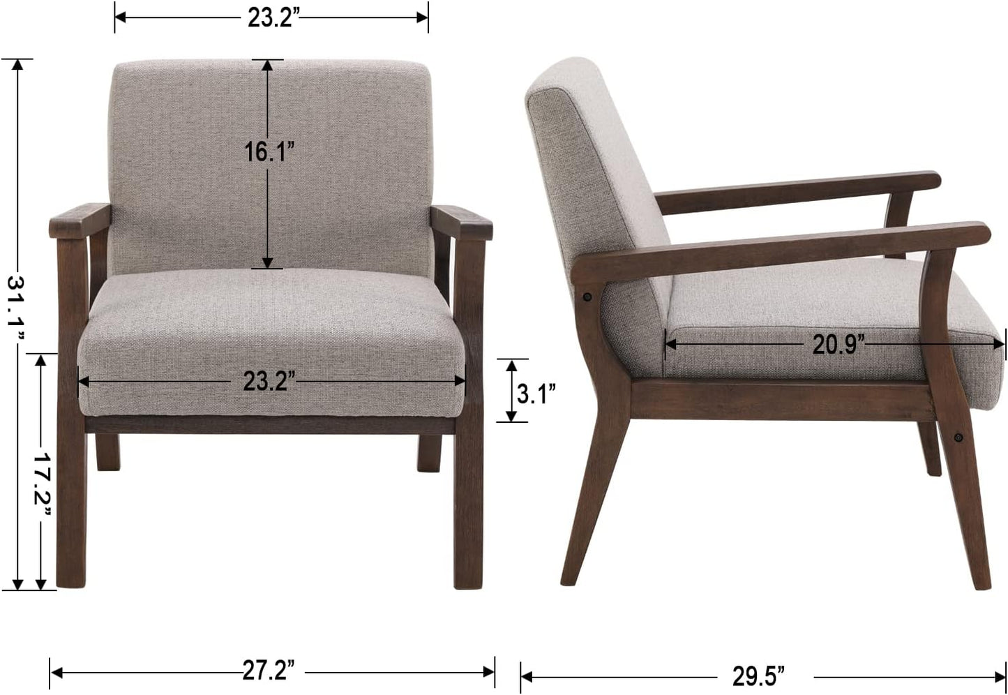 HNY Mid Century Armchair with Hardwood Frames, Linen Upholstered Living Room Chair, for Living Room Bedroom, Light Grey