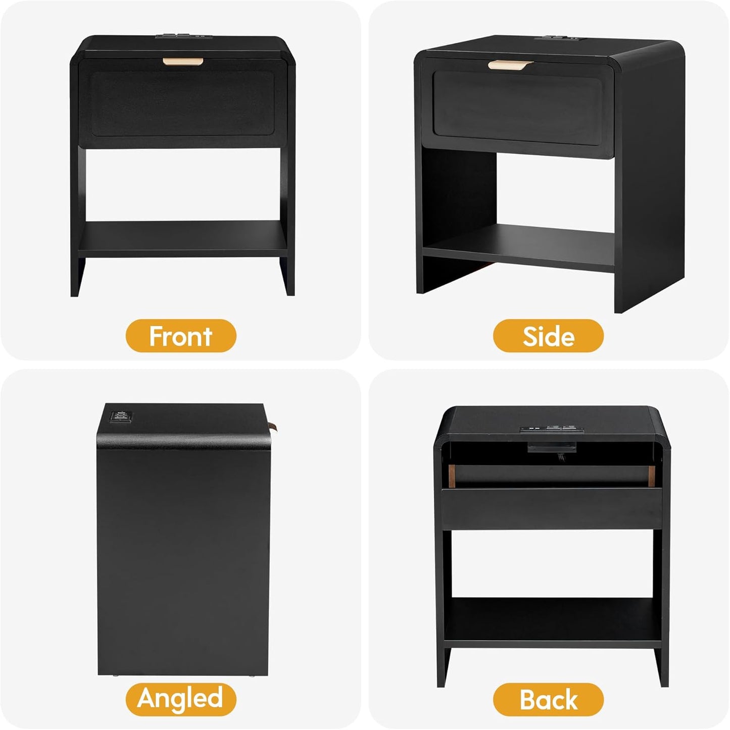 LEVNARY Nightstand with Charging Station, Mid-Century Modern Bedside Table with Curved Top Corners and Storage Drawer, Wooden End Table for Farmhouse Bedroom Living Room (1, Black)