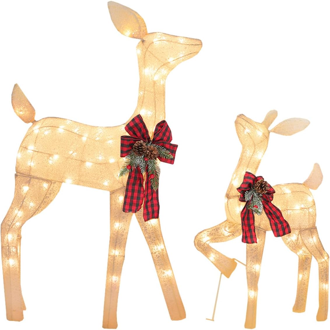 2 Pcs Reindeer Christmas Decoration, Xmas Lighted White Shimmering Doe and Fawn Display Set with 105 Warm White Lights for Yard Lawn Indoor Outdoor
