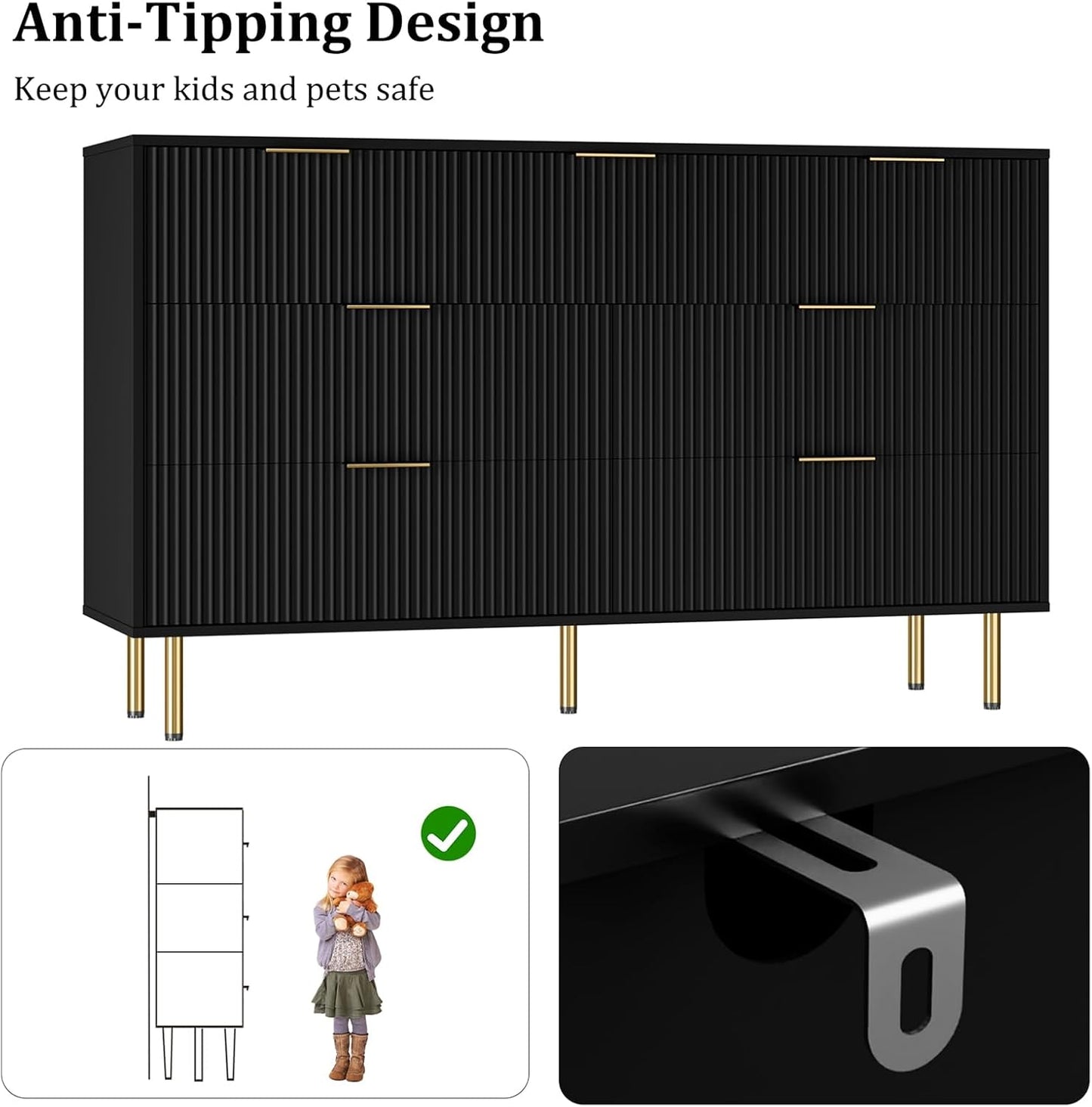 7 Drawers Dresser for Bedroom, Fluted Dresser Chest of Drawers with Gold Handle, Wood Modern Dressers for Closet, Bedroom Furniture Storage Organizer for Living Room, Hallway