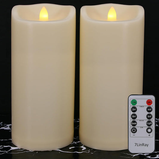 Large 10" x 4" Outdoor Waterproof Flameless Candles with Remote and Timers, 1000 Hours Battery Operated LED Flickering Pillar Candles for Lanterns, Ivory Plastic, Set of 2
