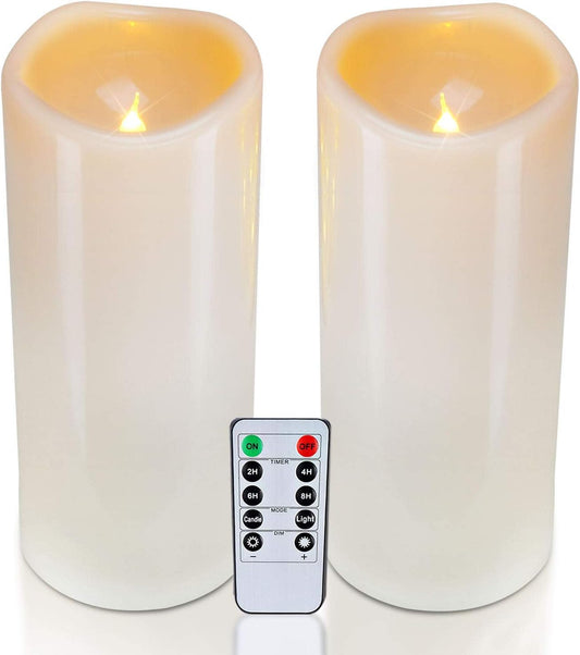 Homemory 4" x 10" Large Waterproof Outdoor Flameless Candles, Battery Operated LED Pillar Candles with Remote and Timers for Indoor Outdoor Lanterns, Long Lasting, Dark Ivory, Set of 2