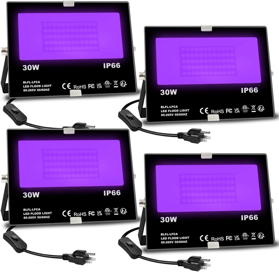 MELPO Black Light 30W LED Blacklight Flood Light Outdoor for Glow Party, Halloween Decoration, Body Paint, Fluorescent Poster, Neon Glow, IP66,US-Plug-Switch-6.7Ft Cord (4 Pack)