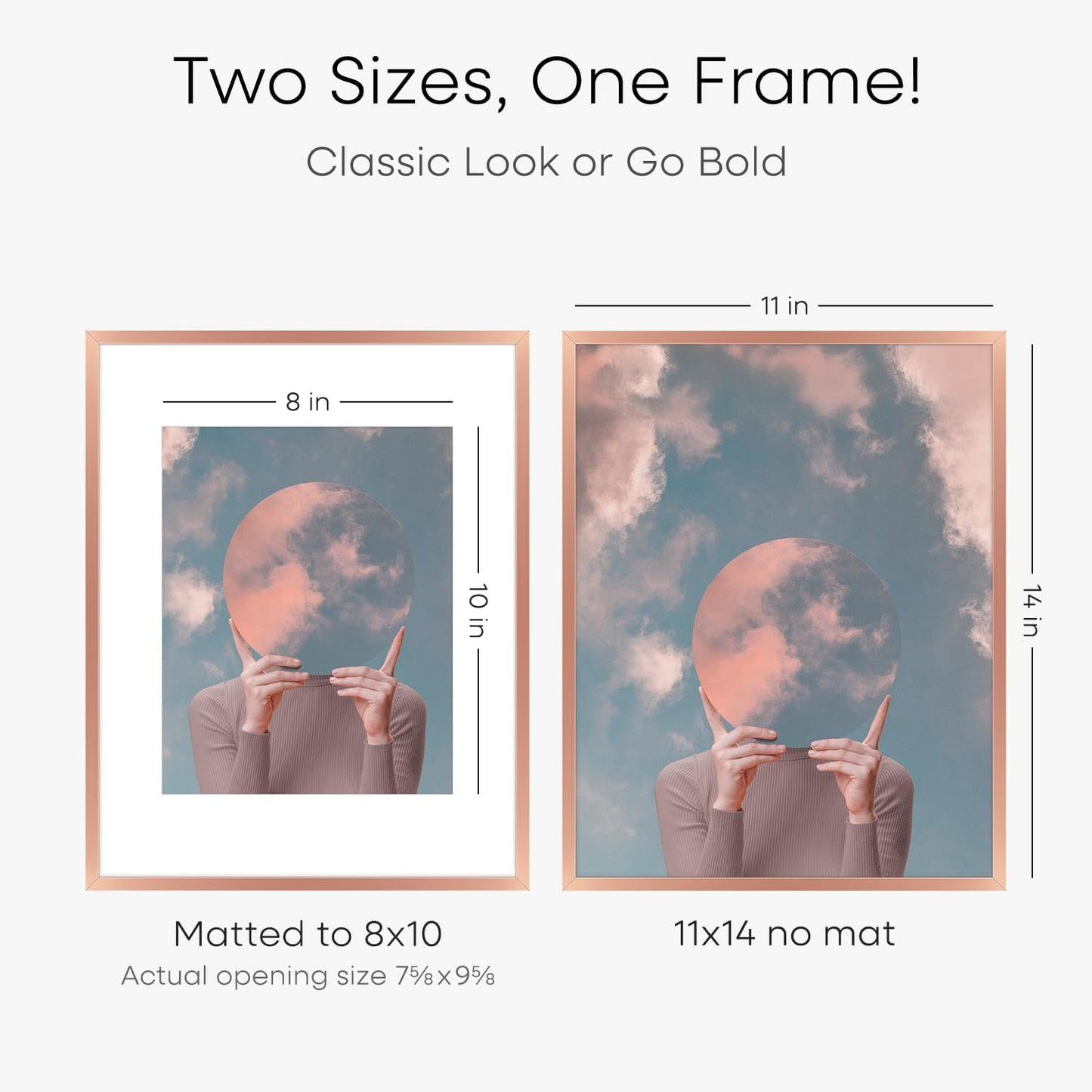 Homeforia 11x14 Picture Frame Rose Gold, High End Metal 11x14 Wall Hanging Frame with Mat 8x10, 11 x 14 Poster Frame Matted to 8 x 10 inch Photo, 11by14 Thin Frames, Tempered Glass, Wall Kit, Set of 1