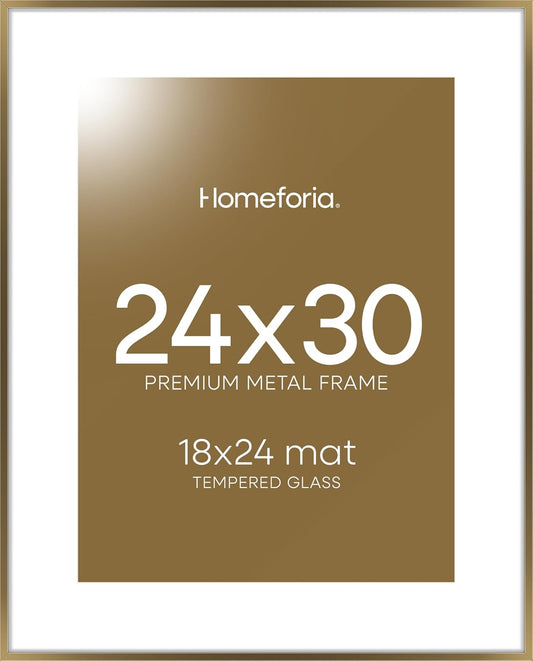 Homeforia Bronze 24x30 Picture Frame, High End Metal Poster Frame with Mat 18x24, Tempered Glass, Wall Hook Included