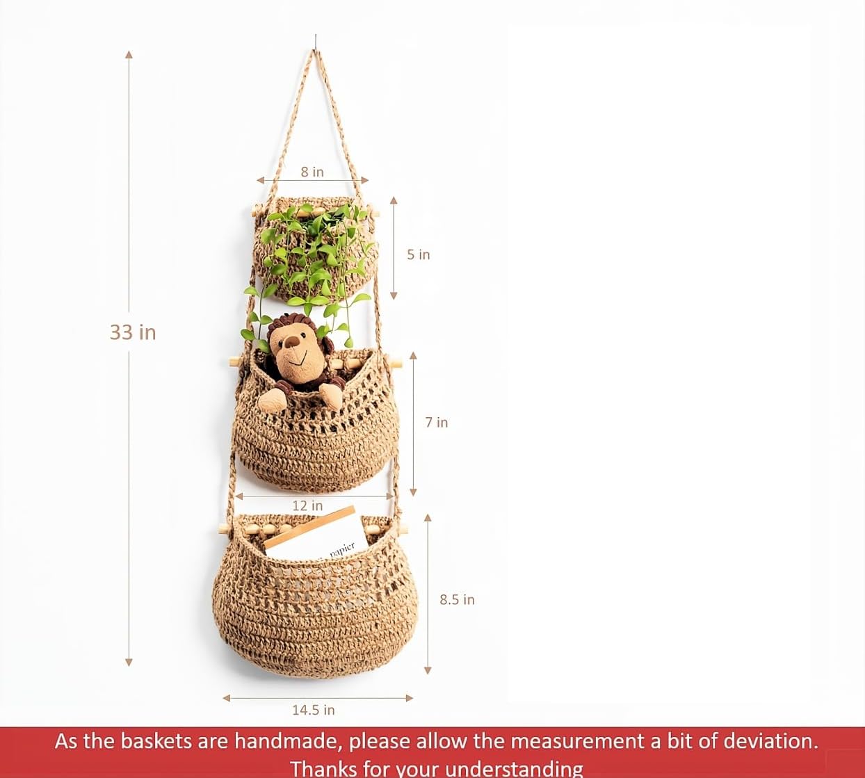 Hanging Fruit Basket, 3 Tier Woven Jute Wall Hanging Basket for Organizing, Hanging Produce Basket for Fruit & Vegetable Storage, Boho Kitchen Decor, Wall Basket Storage for Kitchen, Bedroom, Bathroom