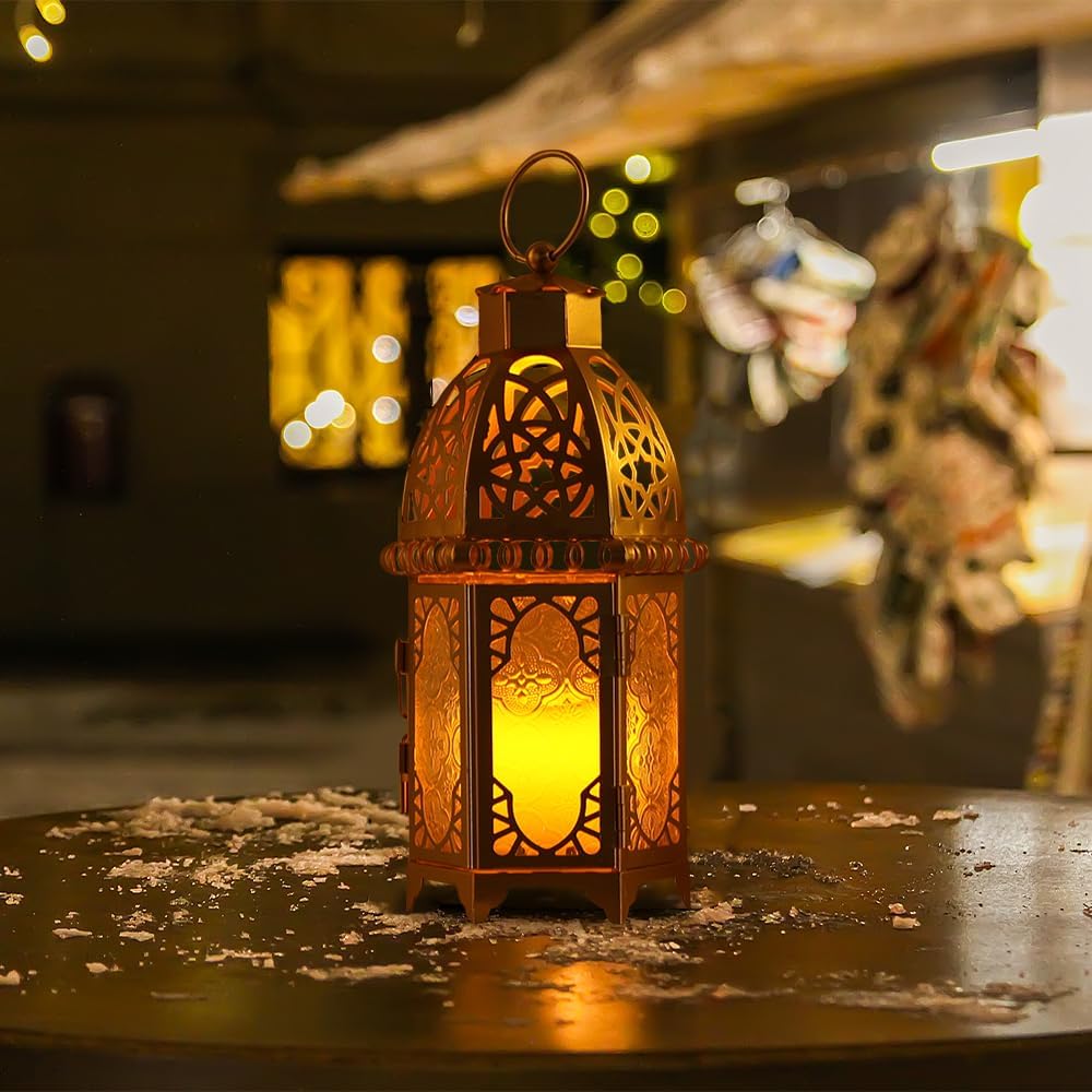 NEEDOMO 12.8'' Moroccan Lanterns Decorative Indoor & Outdoor, Vintage Christmas Candle Holder, Metal Lanterns Decorative, Table, Patio, Porch, Shelf, Christmas Spring Ramadan Eid Home Decor (Golden)