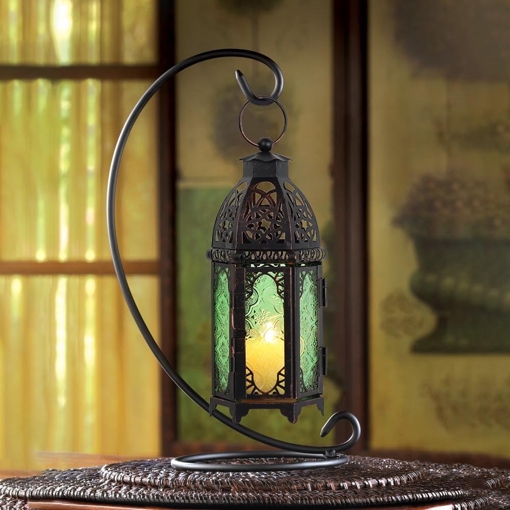 NEEDOMO Hanging Moroccan Lantern, 11'' Vintage Candle Holder, Metal Lanterns Decorative Indoor Outdoor, Table, Patio, Porch, Shelf, Gothic Home Decor (Green, Medium Size)