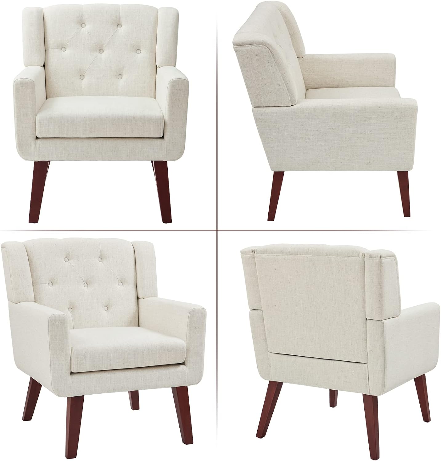 Accent Chair Button-Tufted Upholstered Living Room Chairs Comfy Reading Chair Mid Century Modern Chair with Linen Fabric Lounge Arm Chairs for Living Room Bedroom (Beige Set of 2)