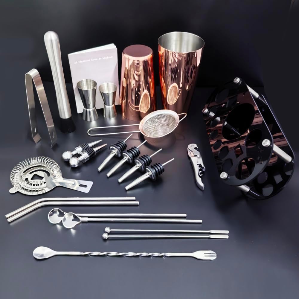 22-Piece Cocktail Shaker Set, 25/20oz Bartender Kit, Bartending Stainless Steel Bar Tools Sets for Drink Mixing, Boston Cocktail Shakers with Stand Recipes Booklet (Rose Gold-25-20oz)