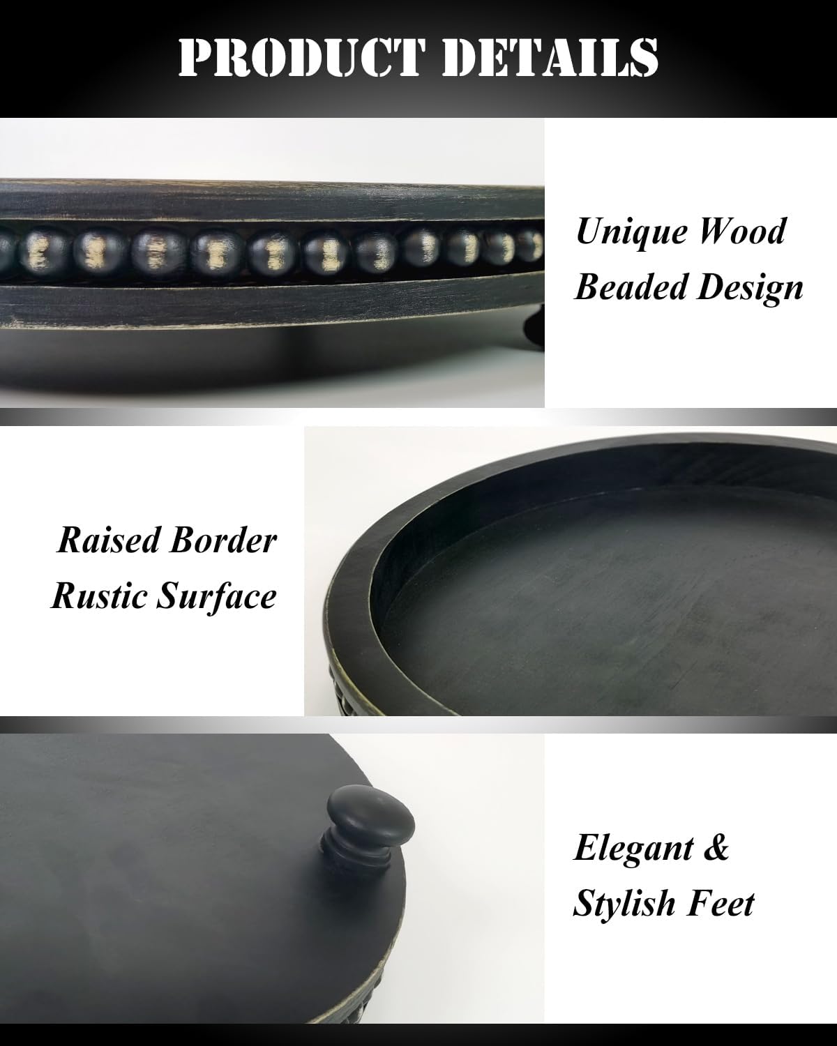 12 Inches Rustic Wooden Decorative Tray, Small Round Beaded Wood Tray for Kitchen Dinning Table Centerpiece Decor Entryway Living Room Home Decor, Black