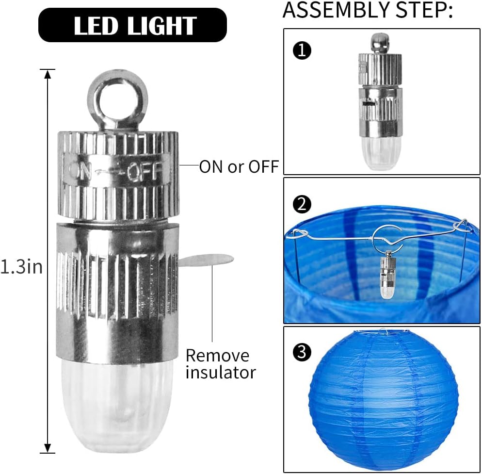 Paper Lanterns Decorative, Blue Hanging Paper Round Chinese Lanterns with Lights for Wedding Graduation Birthday Party 12 LED Light Pack of 12