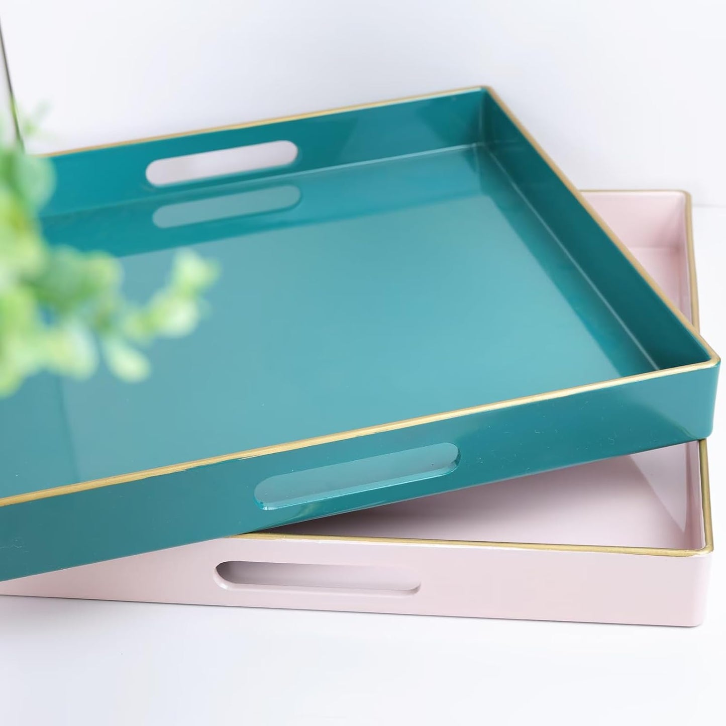 Spsyrine Black Decorative Tray for Living Room, Square Modern Plastic Coffee Serving Table Tray for Ottoman Bathroom Kitchen, 13"*13"