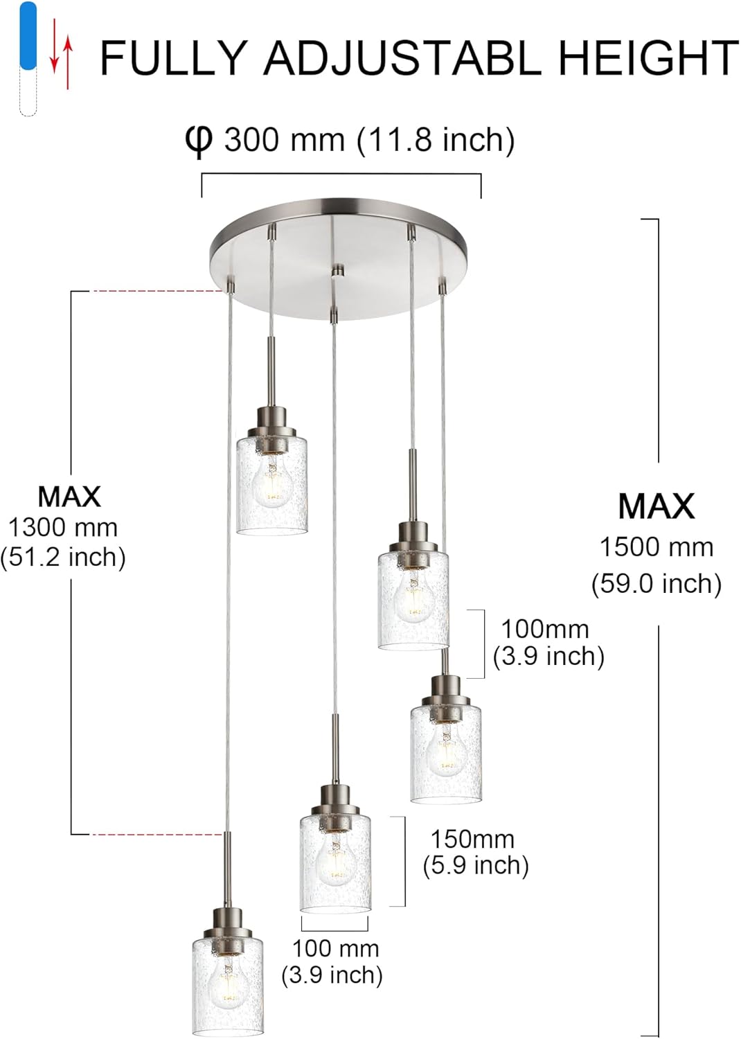 5 Light Farmhouse Pendant Lighting for Kitchen Island,Brushed Nickel Dining Room Cluster Pendant Light Fixtures Hanging Ceiling with Seeded Glass,Modern Pendant Light for Entrance Stairwell