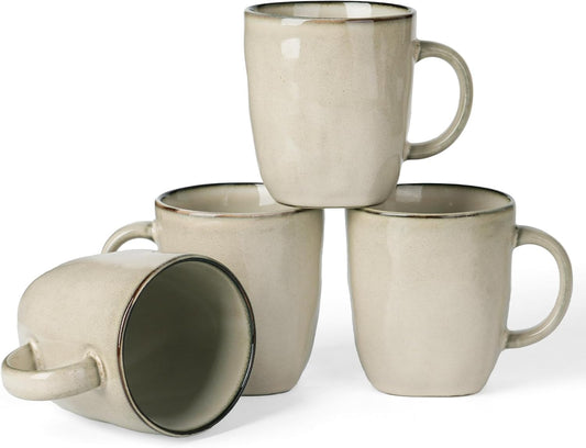 famiware Coffee Mugs Set of 4, Ocean Square 13oz Coffee Cup Set with Handle for Cocoa, Milk, Hot Chocolate, Tea, Water, Stoneware Cups for Kitchen, Microwave and Dishwasher Safe, Light khaki