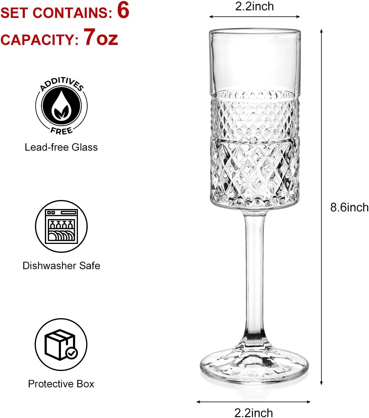 Champagne Flutes Set of 6, 7oz Square Champagne Glasses, Lead-Free Crystal Champagne Flute Glass, Unique Gift for Birthday, Wedding, Anniversary