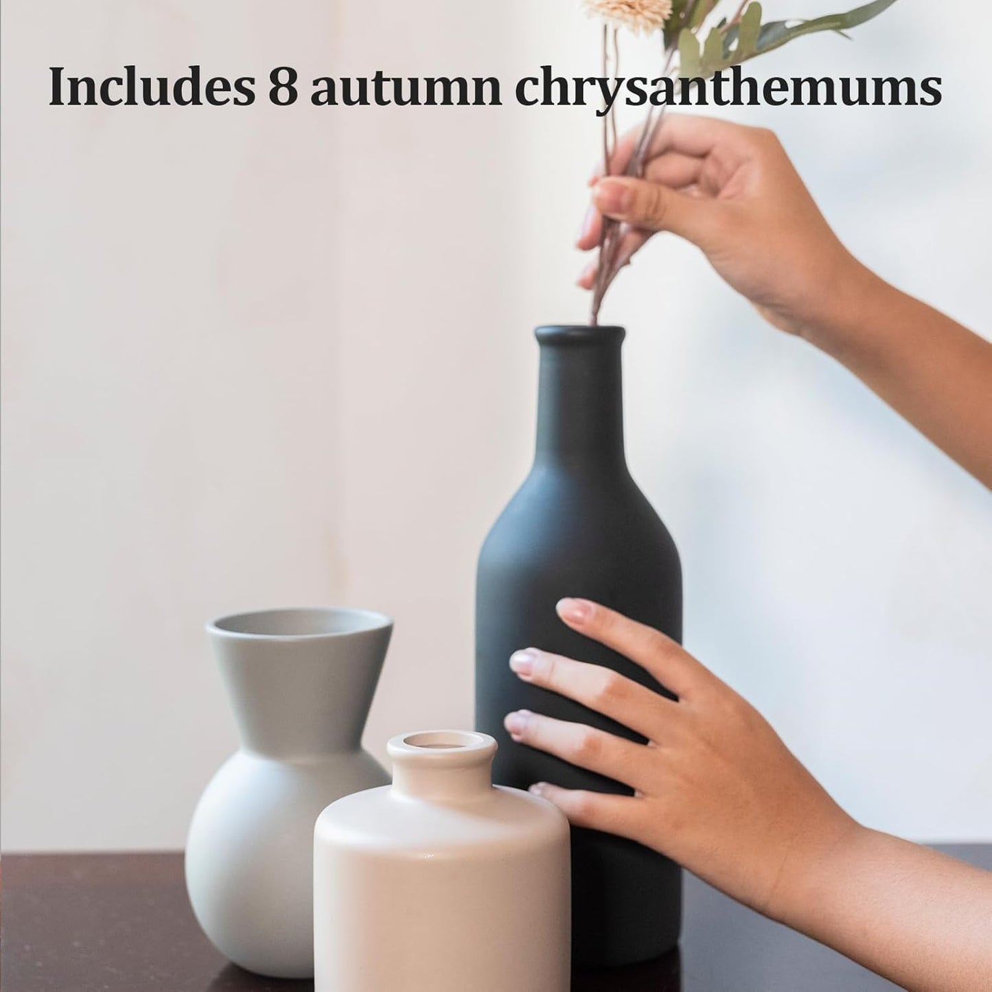 Fake Flowers in Vase for Centerpieces, Faux Flowers in Modern Ceramic Vase Set of 3 with 8 Artificial Autumn Chrysanthemums Home Decor