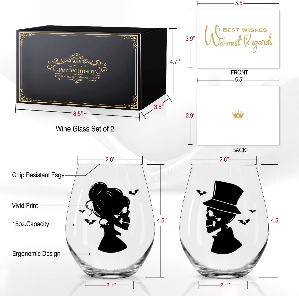 Perfectinsoy Skull Wine Glass 2 Piece with Gift Box, Zombie Design, Valentine's Day Autumn Halloween, Anniversary Wedding Gifts, Couple Gifts for Boyfriend and Girlfriend. (Skull Set of 2)