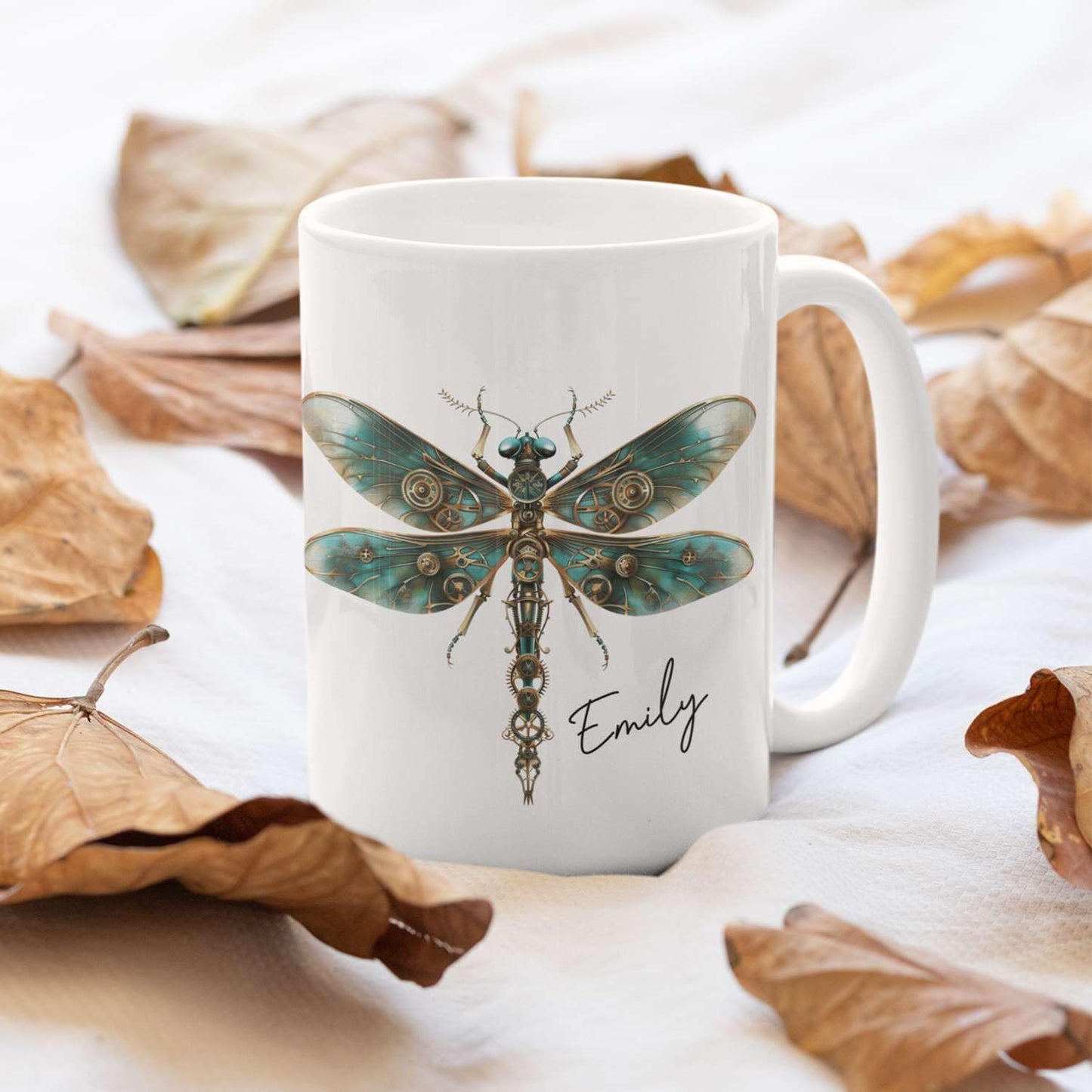 Personalized Steampunk Dragonfly Mug, Customized Name Coffee Cup 11oz, Custom Unique Dragonfly Ceramic Cup, Dragonfly Lovers White Cup, Steampunk Themed Decorative Mug, Kid Cup