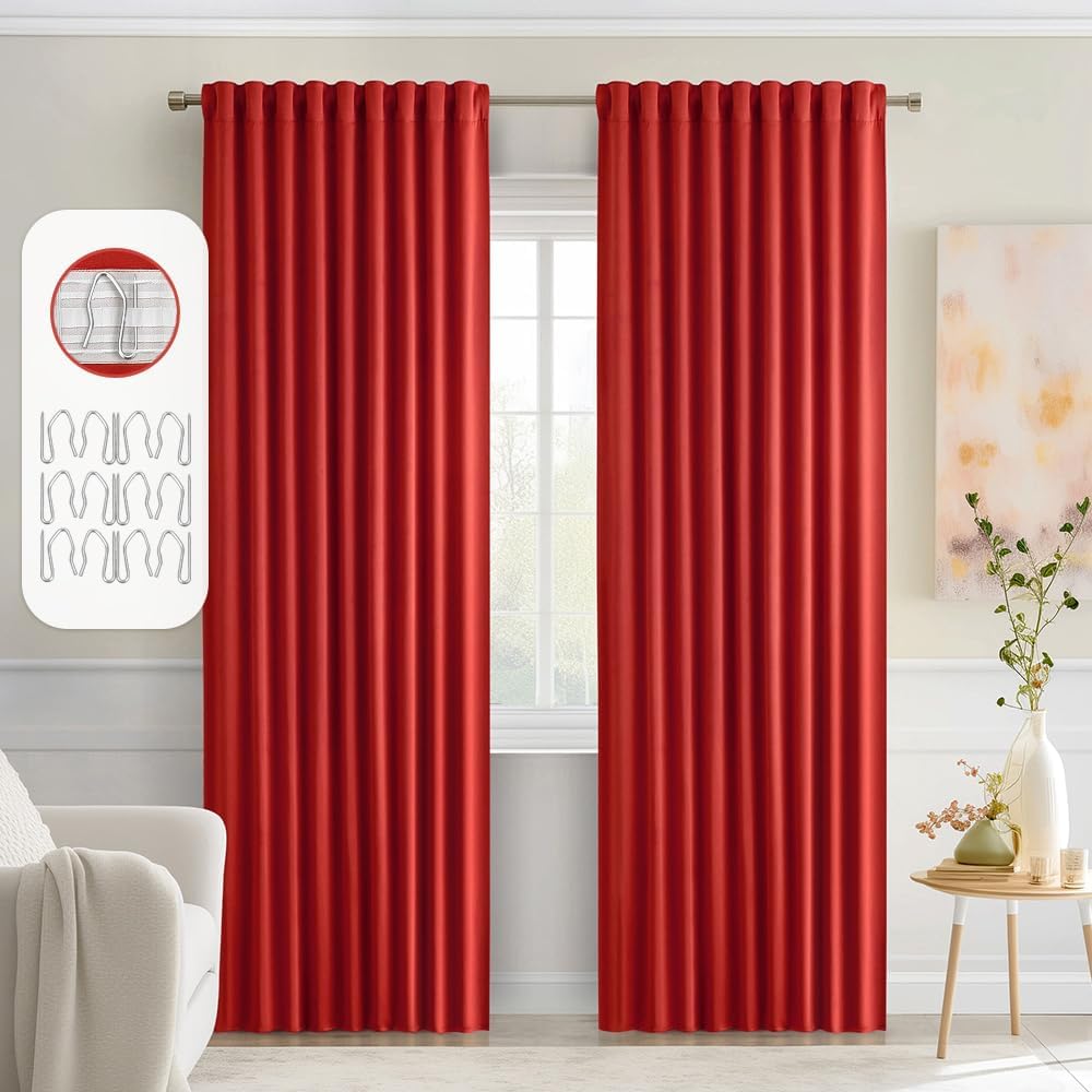 MIULEE Red Back Tab Blackout Curtains 84 Inch Length 2 Panels Set for Living Room Bedroom Privacy, Rod Pocket/Pinch Pleat Thermal Insulated Room Darkening Pleated Light Blocking Drapes