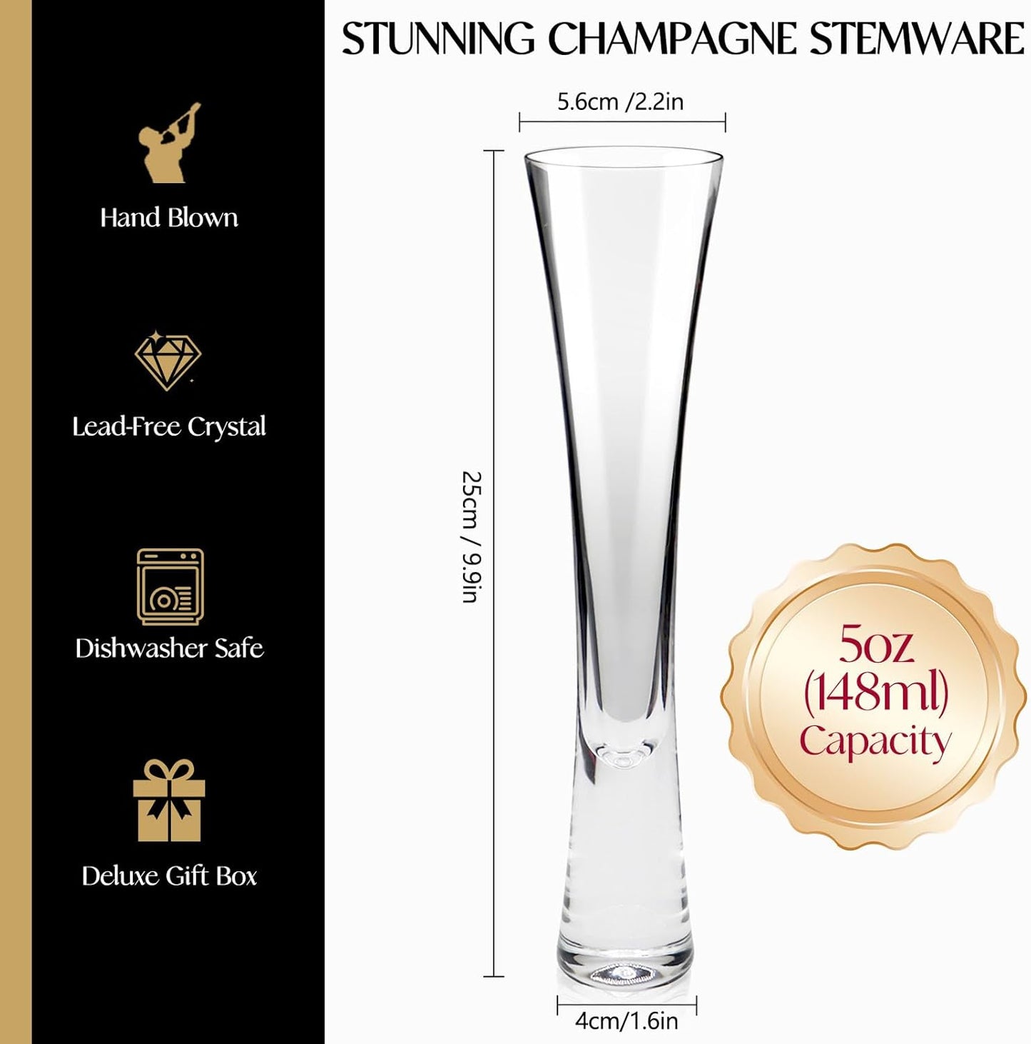 Champagne Flutes Set of 4, Hand Blown Crystal Champagne Glasses, Modern Unique Design, Lead-Free Prosecco Glasses, Elegant Toasting Glasses Gift for Wedding, Anniversary, Birthday, Christmas