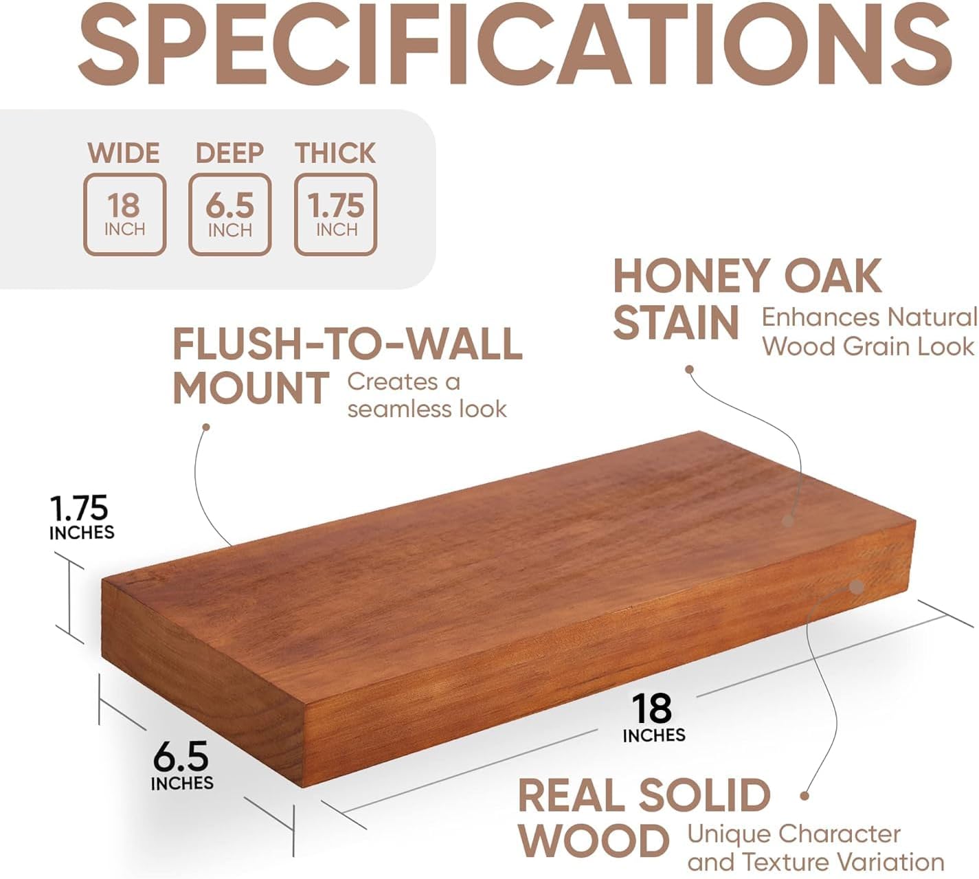 Homeforia 18 inch Floating Shelf Oak, High End Solid Real Wood 18inch Long Floating Shelves for Wall Mounted, Honey Oak Wooden 18in Floating Shelves, Heavy Duty Bracket, 18 X 6.5 X 1.75 inch, Set of 3