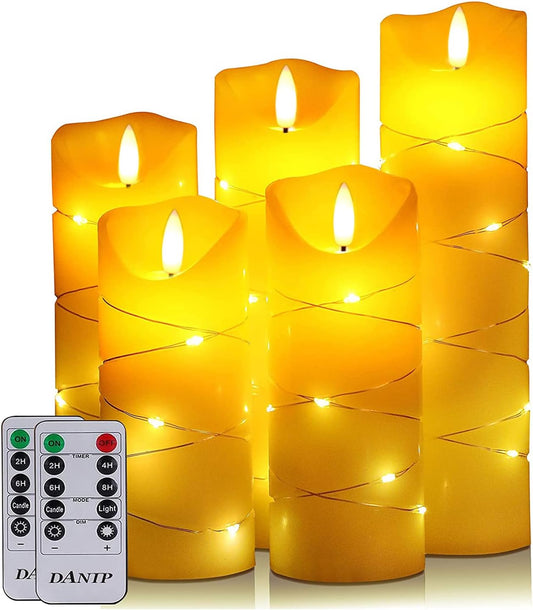 danip flameless Candle, with Embedded String Lights, 5-Piece LED Candles, with 10-Key Remote Control, 24-Hour Timer Function, Dancing Flame, Real Wax, Battery-Powered. (Ivory White)