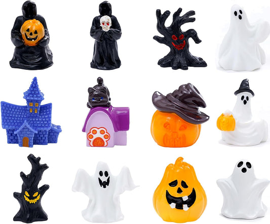 12pcs Halloween Mini Resin Figures 12 Styles Tiny Resin Little Small Figures Pumpkin Ghost Skull Miniatures Bulk for Halloween Party Favors Garden Dollhouse Decor