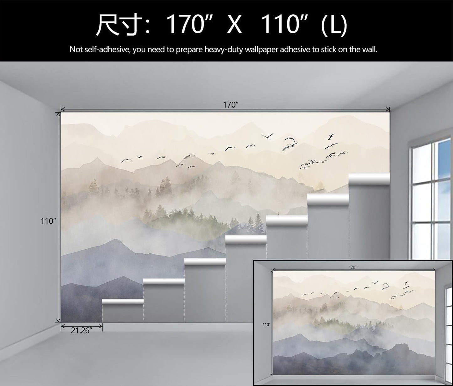 WFBHUA-Foggy Forest Mountain Wallpaper Mural Natural Woodland Landscape Wallpaper for Living Room Bedroom (Not Peel and Stick)