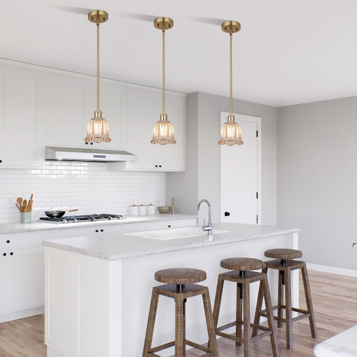 Modern Gold Pendant Light 3 Pack Brushed Brass Mid Century Chandelier Amber Glass Shades Adjustable Rods Farmhouse Ceiling Hanging Lighting Fixture Kitchen Island Dining Room Bedroom