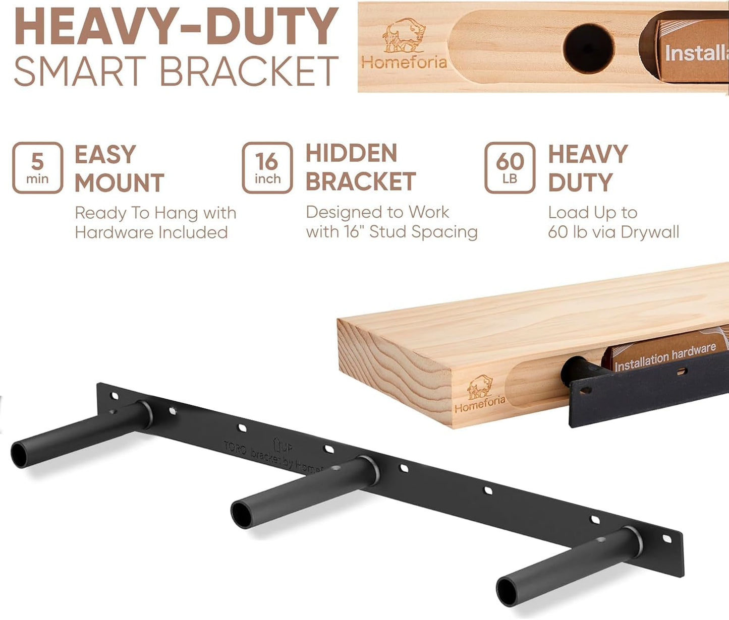 Homeforia Floating White Shelf 60 inches, High End Solid Real Wood 60inch Long Floating Shelves for Wall Mounted, White Wooden 60in Floating Shelves, Heavy Duty Bracket, 60 X 6.5 X 1.75 inch, Set of 2