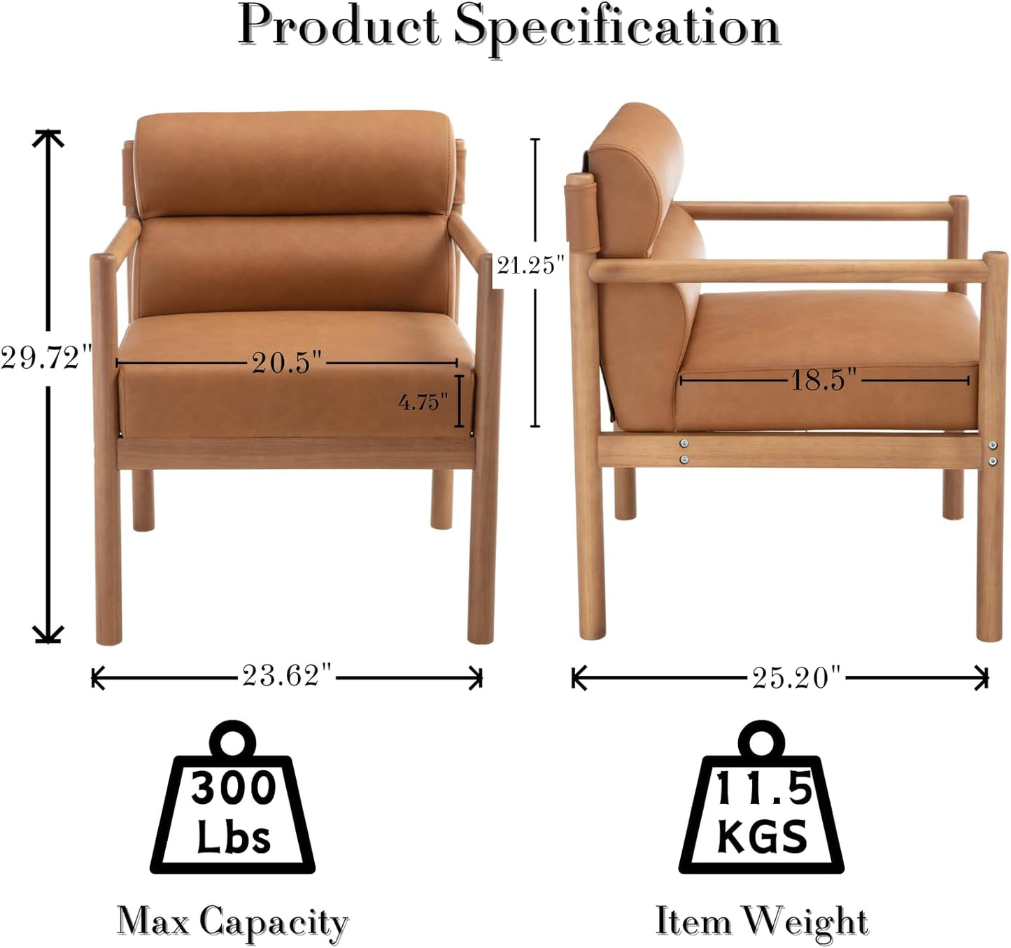 Modern Living Room Chair, Brown Upholstered Accent Chair with Channel Tufted Back, Walnut Wood Lounge Reading Arm Chair, Faux Leather Fabric Side Sitting Chair for Guest Room, Balcony, Bedroom