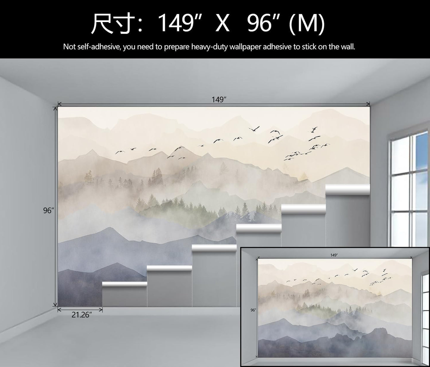 WFBHUA-Foggy Forest Mountain Wallpaper Mural Natural Woodland Landscape Wallpaper for Living Room Bedroom (Not Peel and Stick)